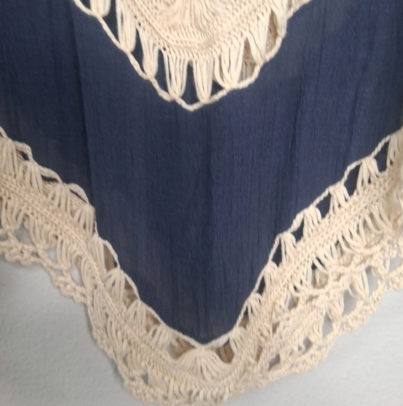Umgee Navy Cream Crochet Gypsy Boho Coachella Chic Tunic Blouse Long Sleeve M - Picture 7 of 16